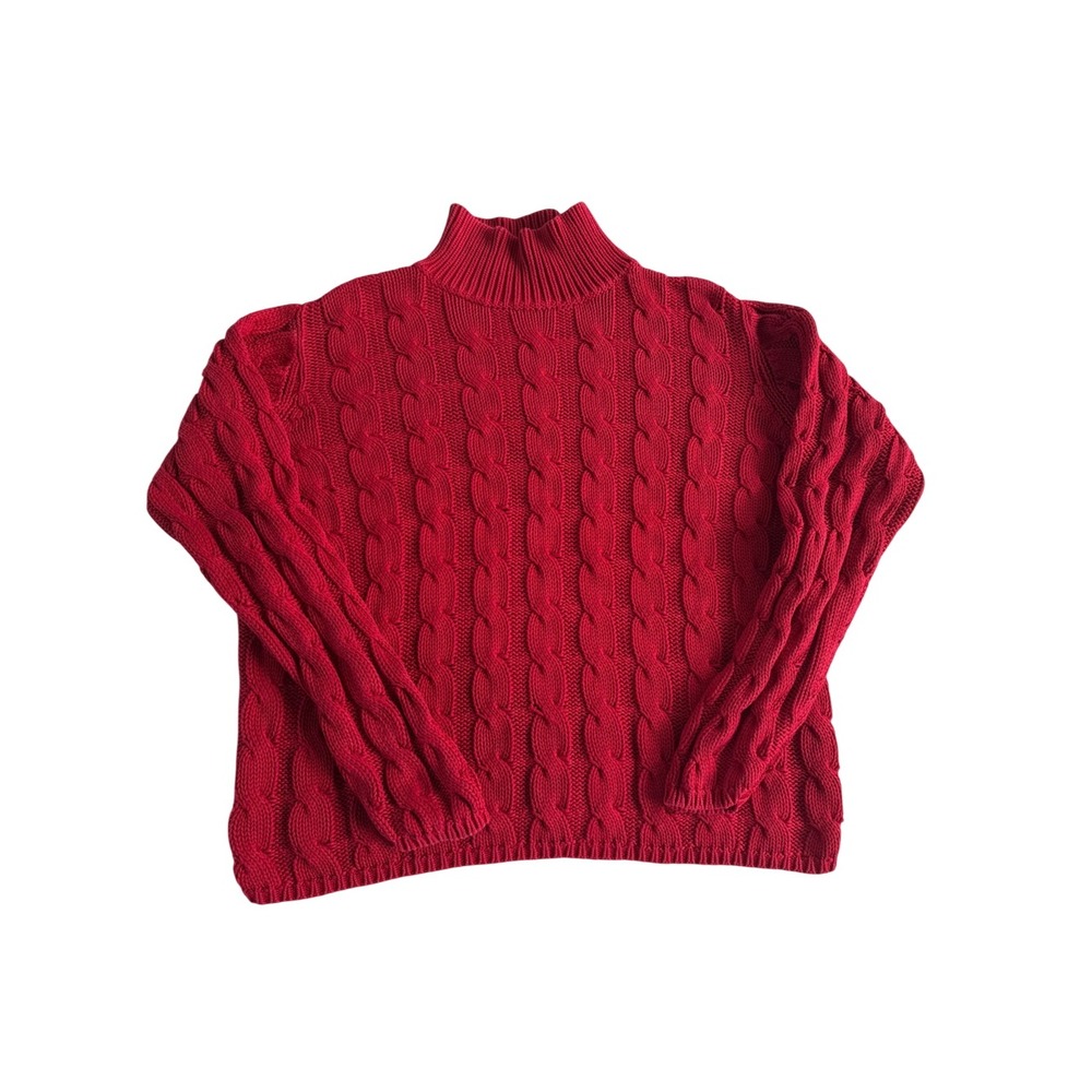 L.L. Bean Cable Knit Mock Neck Women's Sweater Size Med 100% Cotton Red Y2K
